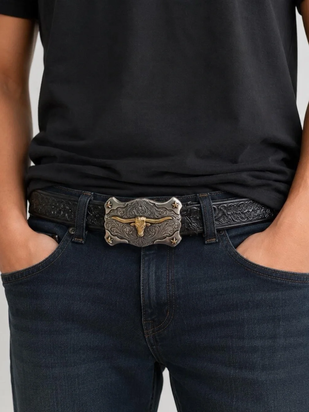 Tony Lama Black Leather Western Belt with Ornate Silver-Gold Buckle